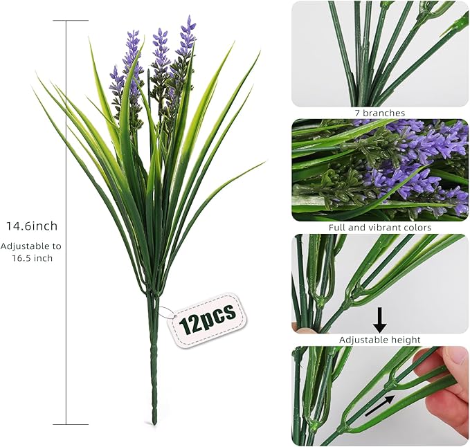 Artificial Outdoor Flowers UV Resistant Fake Outdoor Plants, Fake Monkey Grass with Flowers,Faux Greenery for Indoor Outside Hanging Plants Garden Porch Window Box Home Wedding Farmhouse Décor(Purple)