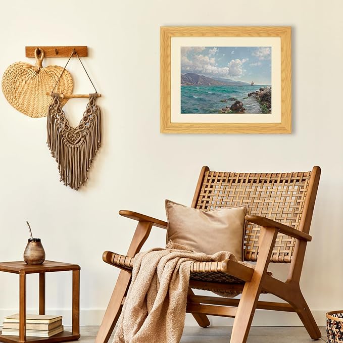 Brivoria Framed Canvas Wall Art Vintage Decor, Realistic Coastal Scene with Sailing Boats Rocky Coast and Blue Green Ocean Canvas Print with Mat for Entryway Living Room or Hallway Display 13x16