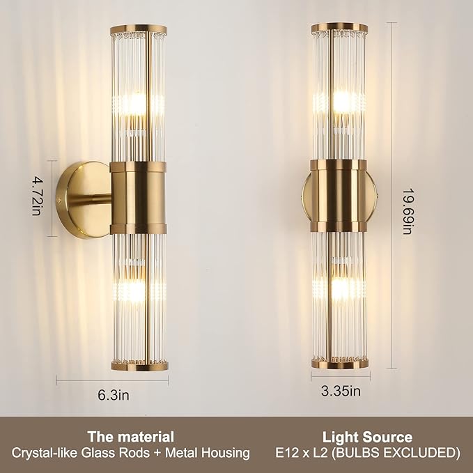 Glass Rods Wall Light Fixture Indoor Brass Bathroom Vanity Lights Beside Mirror Lighting Lamps Up and Down Wall Mounted Light E12 Socket