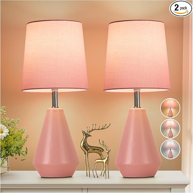 Small Bedside Table Lamp for Bedroom-Reading Desk Lamp Set of 2,with 3 Color Temperatures,15.5" Nightstand Ceramic Lamp with Fabric Shade for Kids Room,Living Room,Dorm,Home Office(Pink)