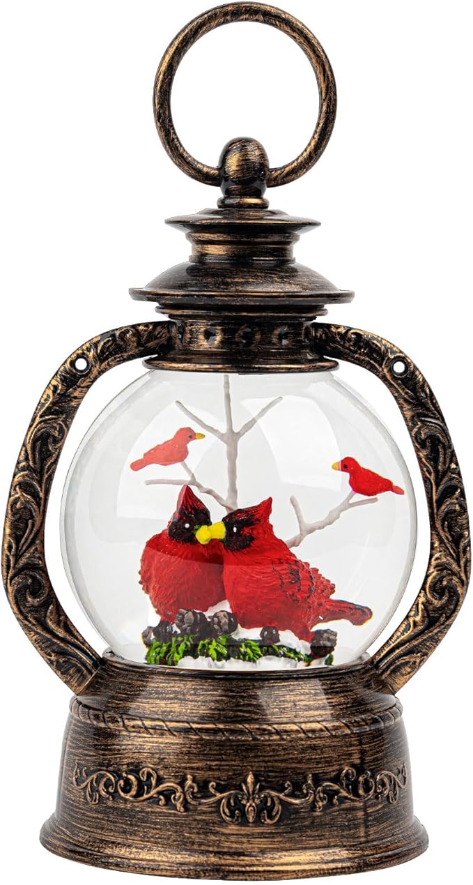 Christmas Snow Globe Lantern Water Glittering Cardinal with Music, USB Lined/Battery Operated Lighted Lantern for Christmas Festival Decoration Gifts