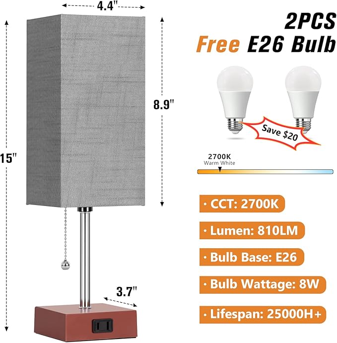 Bedside Table Lamp for Bedroom Nightstand, 3 Color Pull Chain Nightstand Lamps Set of 2 with AC Outlets, Square Gray Lampshade Bedside Lamp for Living Room, Office Desk, LED Bulb Included