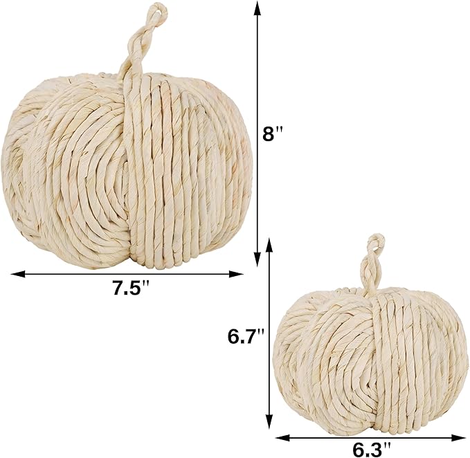 winemana 2 Pack Woven Pumpkin Decor - Fall & Thanksgiving Home Decorations, White Pumpkins Farmhouse Autumn Centerpieces for Table, Mantel, Porch Decor (Cattail Material, Assorted Size)
