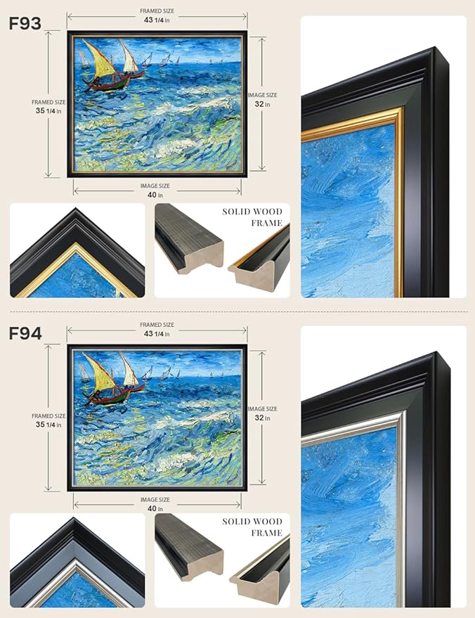 DECORARTS - Fishing Boats at Sea by Vincent Van Gogh, Large Giclee Canvas Print with Solid Wood Frame, Oversized Wall Art Decor