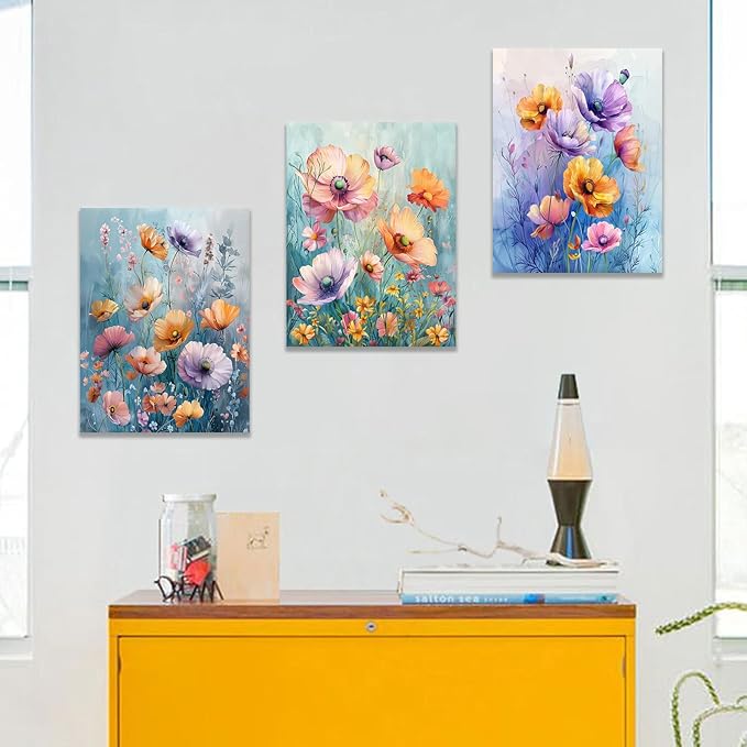 Floral Canvas Wall Art Colorful Abstract Wildflower Purple Daisy Flower Green Leaves Picture Print Plant Theme Posters Painting Artwork for Bedroom Bathroom Wall Decor Ready to Hang [36''W x 16''H]