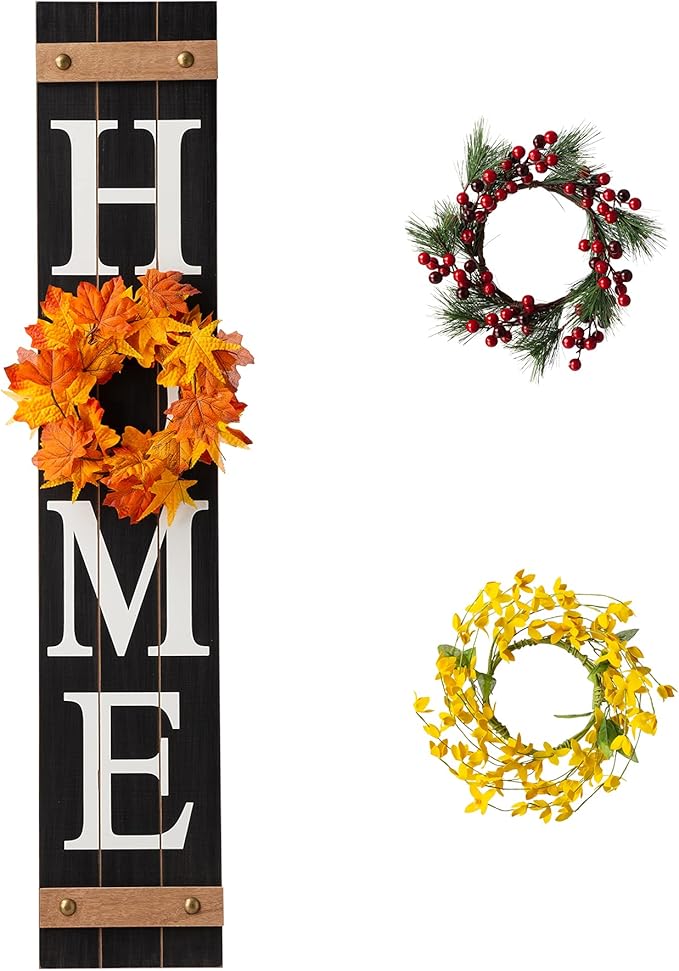 Glitzhome Wooden Welcome Home Porch Sign with Interchangeable Wreaths for Front Door, Vertical Farmhouse Standing Home Sign, Hanging Wall Sign for Year Spring Fall Thanksgiving Christmas, 42”H, Black