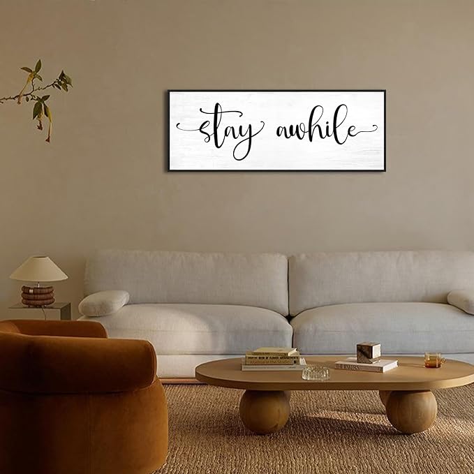 Stay Awhile Sign Wall Decor: 40''×15'' Farmhouse Kitchen Wall Art Print Rustic Framed Canvas Painting, Large Black Hanging Plaque for Dining Room Living Room Bedroom Home Decor
