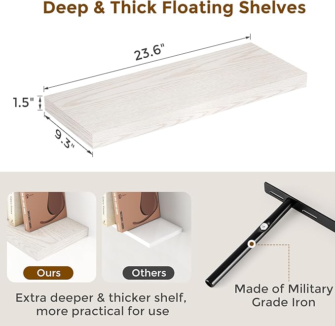 Fun Memories 24 Inch Floating Shelves for Wall, 9.3 Deep Wall Shelves for Home Decor & Storage, 24x9.3x1.5 Large Wooden Shelf with Heavy-Duty Bracket, Deep Shelf for Kitchen, Living Room, Brich Color