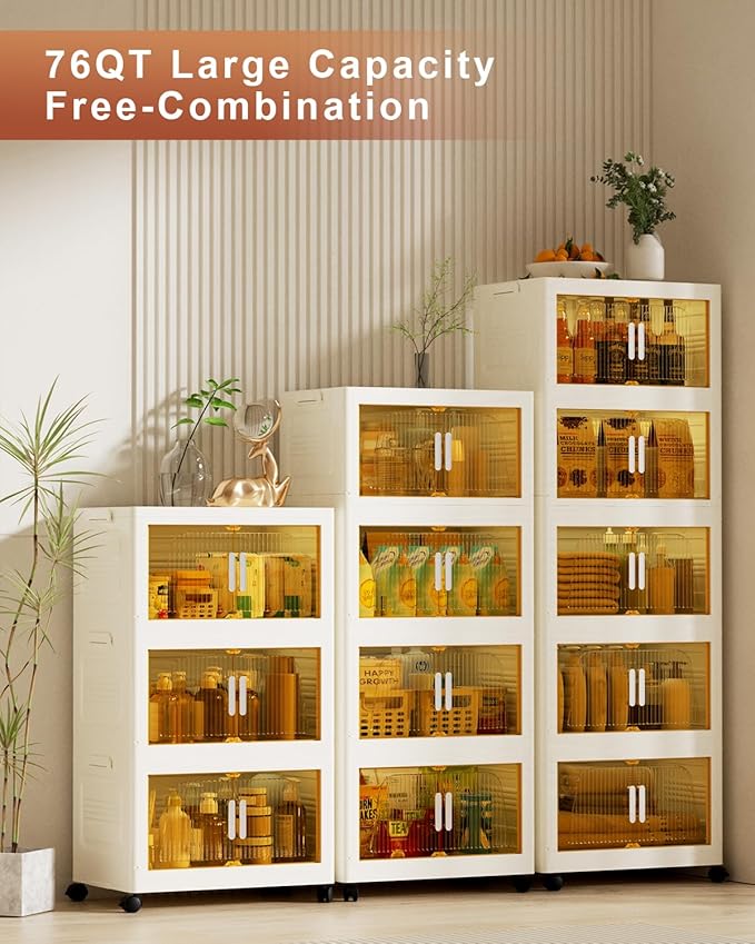 304QT Stackable Storage Bins with Lids 4 Pack, 76Gal Storage Containers with Smooth-Rolling Wheels, Plastic Closet Organizers and Storage, Collapsible Storage Bins for Home, Office and Dorm