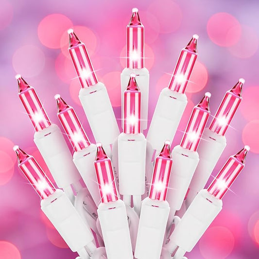 Pink Christmas String Lights, 50 Count 12 Feet Incandescent Bulb Mini Valentine's Lights, Waterproof Pink Lights for Indoor Valentine's Day Garland Wedding Party Festival Xmas Tree Decoration