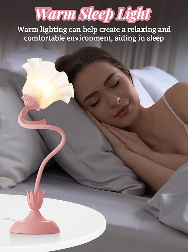 Flower Table Lamp Bedside Lamps LED Reading Light,3 Color Modes Cute Small Lamp,Vintage Flower Lamp Nightstand Lamp Kawaii Table Lamp for Bedroom Living Room Office Dorm Desk Home Decor (pink lamp)