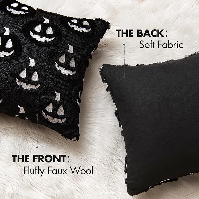 MIULEE Fall Halloween Throw Pillow Covers 18x18 Decorative Pumpkin Pattern Pillowcases Soft Plush Faux Wool Cushions for Home Patio Sofa Couch,Black