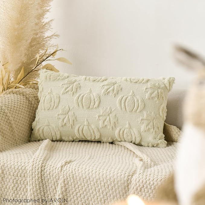 AVOIN colorlife Fall Pumpkin Maple Leaves Beige Throw Pillow Covers, 12 x 20 Inch Seasonal Autumn Thanksgiving Harvest Soft Plush Faux Fur Jacquard Cushion Case Decoration for Sofa Couch Set of 2