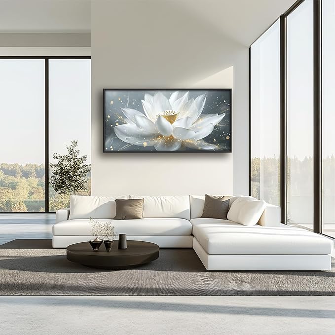 Olivine Zen Wall Art, Lotus Pictures Wall Decor, White and Golden Lotus Painting Flower Canvas Prints, Framed Artwork for Bedroom Bathroom Living Room Dining Room Office Home Decoration 60"x30"