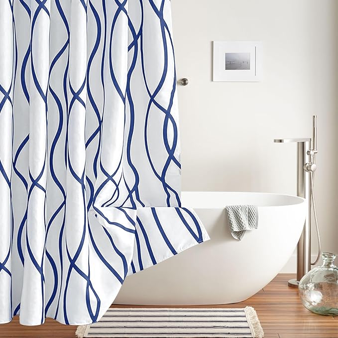 Biscaynebay Extra Long Textured Fabric Shower Curtain 72 W x 84 L, Navy Striped Printed Linen Modern Hotel Luxury Quality Cloth Bathroom Curtains Machine Washable
