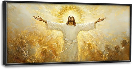 Jesus Framed Wall Art for Living Room, Large Christ Canvas Wall Decor, Jesus Golden Light Pictures Painting, Modern Artwork for Bathroom Bedroom Office 60L'' × 30W''