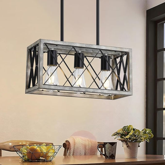 Farmhouse Light Fixtures,3-Light Dining Room Light Fixture,Industrial Metal Kitchen Ceiling Lighting Over Island, Chandelier for Dining Table Kitchen Sink,Oak Wood Finish