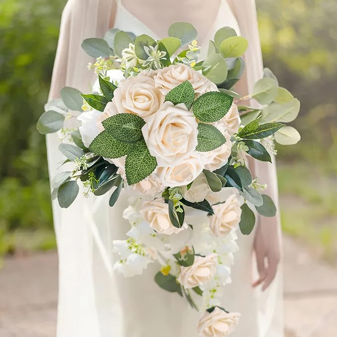 AmyHomie Artificial Flowers Champagne Rose 50pcs Real Looking Fake Roses w/Stem for DIY Wedding Bouquets Centerpieces Arrangements Party Baby Shower Home Decorations