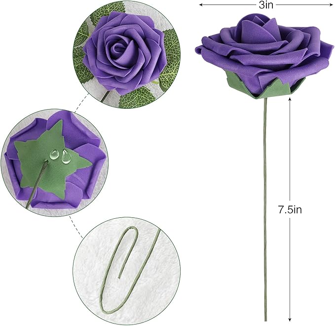 AmyHomie Artificial Flower Seriesc Purple Rose 25pcs Real Looking Fake Roses w/Stem for DIY Wedding Bouquets Centerpieces Arrangements Party Baby Shower Home Decorations