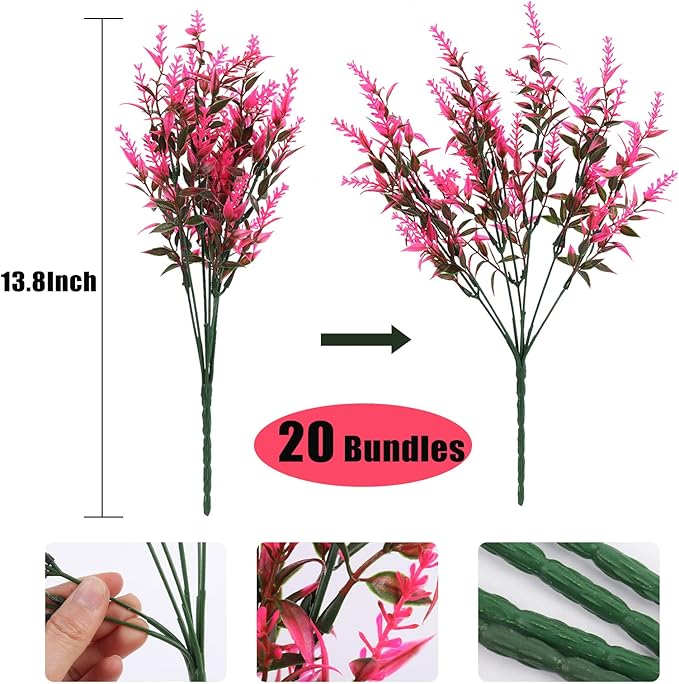 Artificial Plants Outdoor Artificial Lavender Flowers 20 Bundles Outdoor UV Resistant Fake Flowers No Fade Faux Plastic Plants Garden Porch Window Box Decorating,Spring Decorations for Home(Pink)