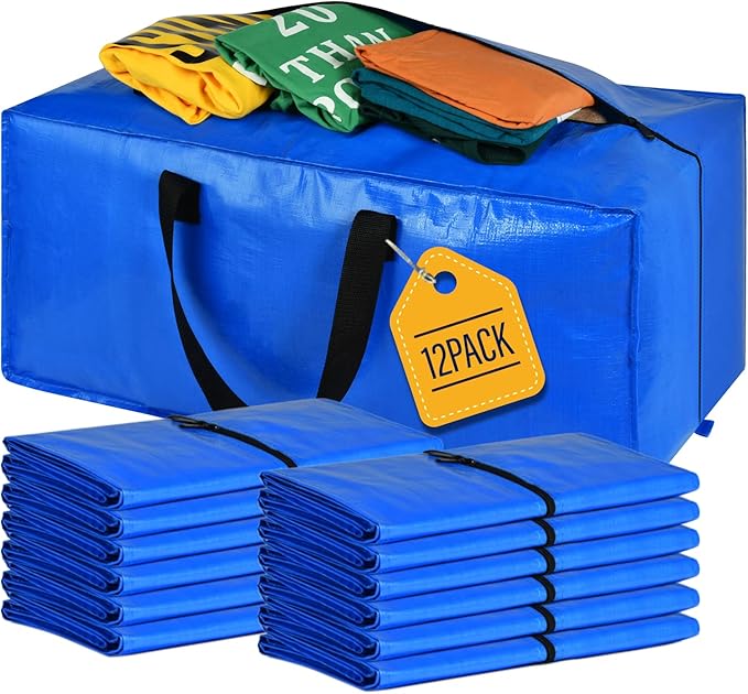 Moving Bags, Storage Totes, Extra Large Storage Bags for Moving Supplies, College Dorm Essentials, Bedroom Closet, Packing Bags with Backpack Handles Zipper Compatible with IKEA Frakta Cart（12 Pack）