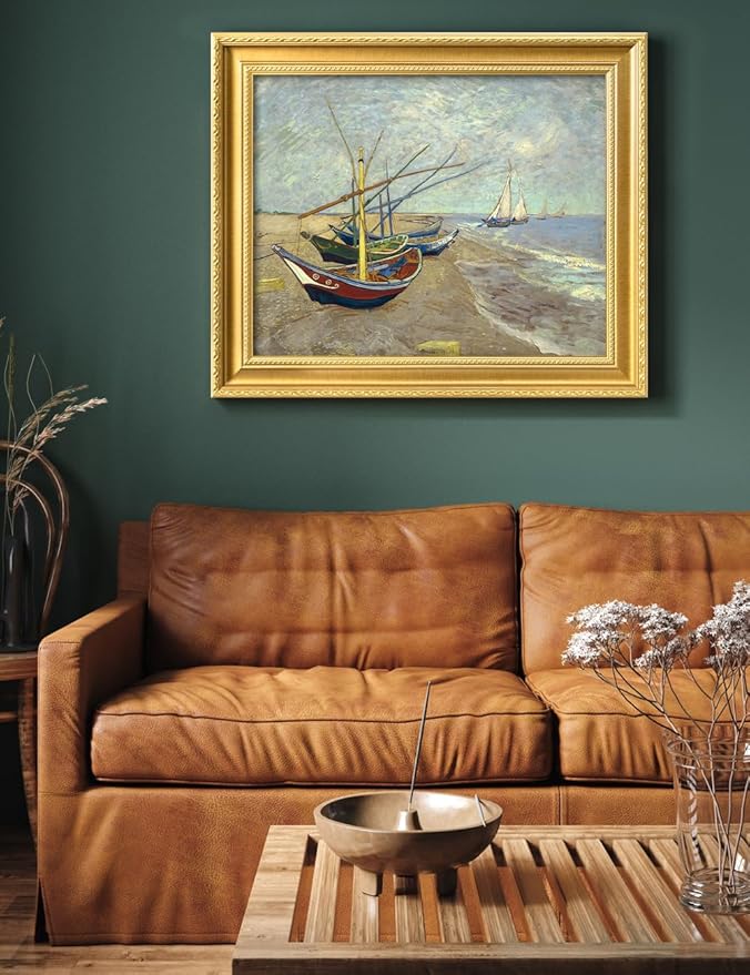 DECORARTS - Boats at Saintes Maries by Vincent Van Gogh. Giclee Print on Acid-Free Canvas in Gold Solid Wood Frame. Picture Size: 20x16, Total Size: 24.75x20.75, Made in USA