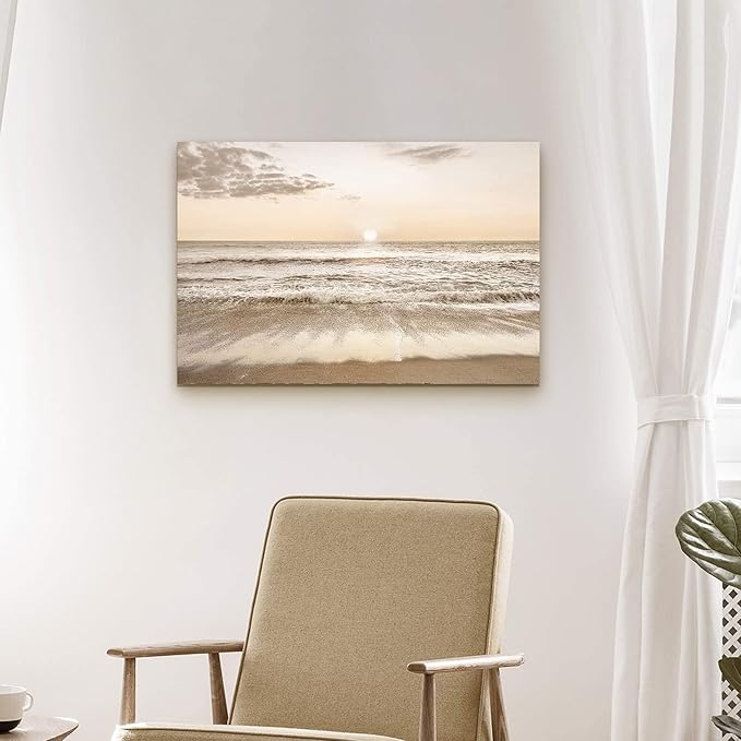 Coastal Beach Canvas Wall Art: Sea Waves Painting Sunset Ocean Scenery Pictures Contemporary Tropical Nature Photography Prints Modern Seascape Artwork for Bedroom Bathroom Living Room
