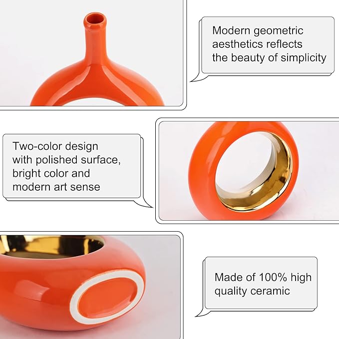 Orange and Gold Vase Ceramic Orange Vases Home Decor,Modern Minimalist Circle with Hole Decorative Vase, Hollow Ellipse Flower vases for Bookshelf, Fireplace Mantle,Centerpieces,Farmhouse,Rustic Décor