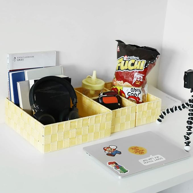 Posprica Woven Storage Baskets for Organizing, Small Black Baskets Cube Bin Container Tote Organizer Divider for Drawer, Closet, Shelf, Dresser, Set of 4(Yellow)