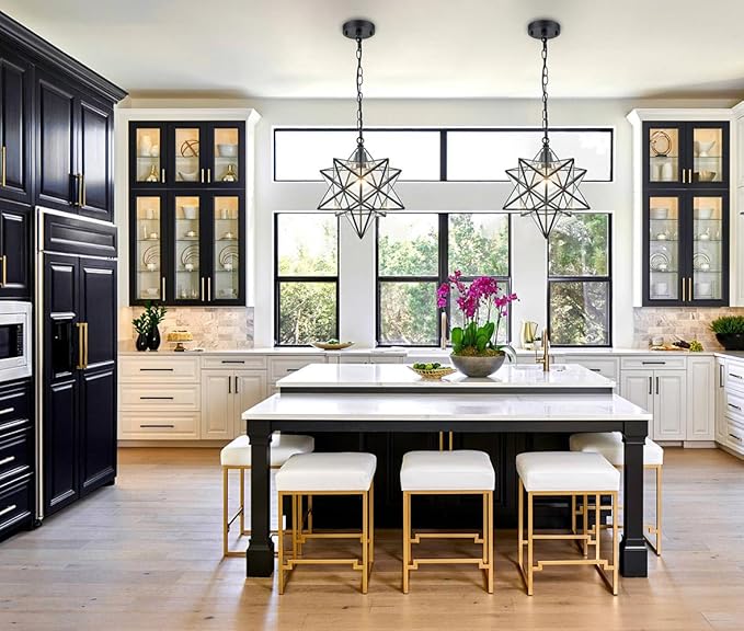 14'' Moravian Star Pendant Light Clear Glass Shade Hanging Star Lights with Adjustable Chain-E26 Dimmable Hanging Light for Kitchen Bedroom Entryway Foyer