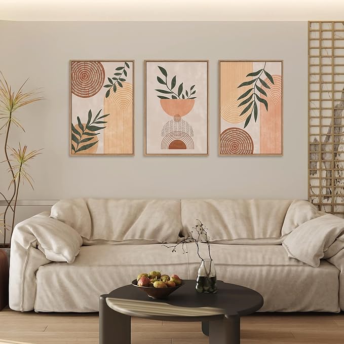 CHDITB Framed Boho Wall Art Set of 3, 16"x24" Mid Century Modern Wall Decor, Bohemian Sun Geometric Painting, Large Abstract Canvas Art Print for Living Room, Bedroom, Dining Room, Office, Bathroom