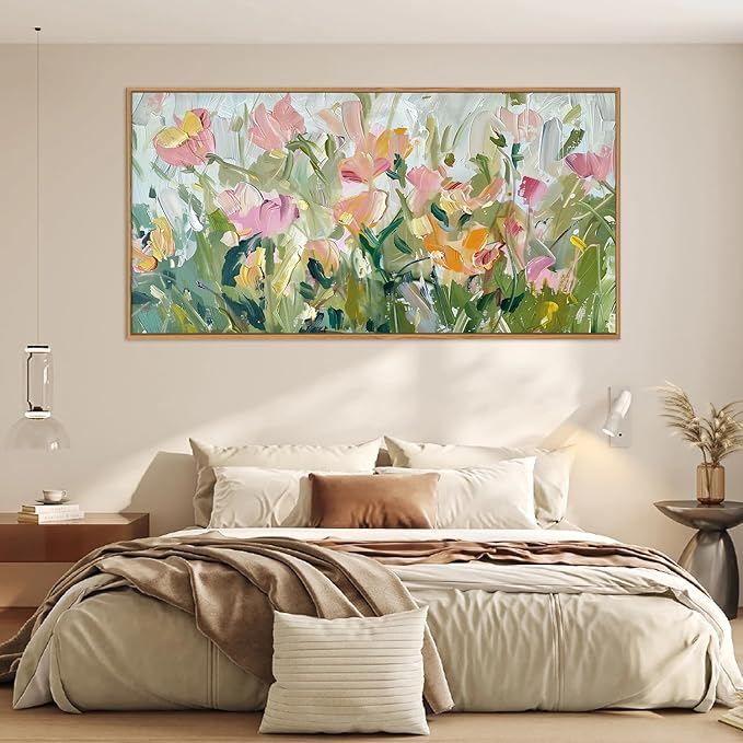 CHDITB Floral Framed Canvas Wall Art, 20"X40" Watercolor Nature Wildflower Plant Textured Painting, Modern Flower Wall Decor, Large Floral Artwork for Kitchen, Bedroom, Office Living Room Wall Decor