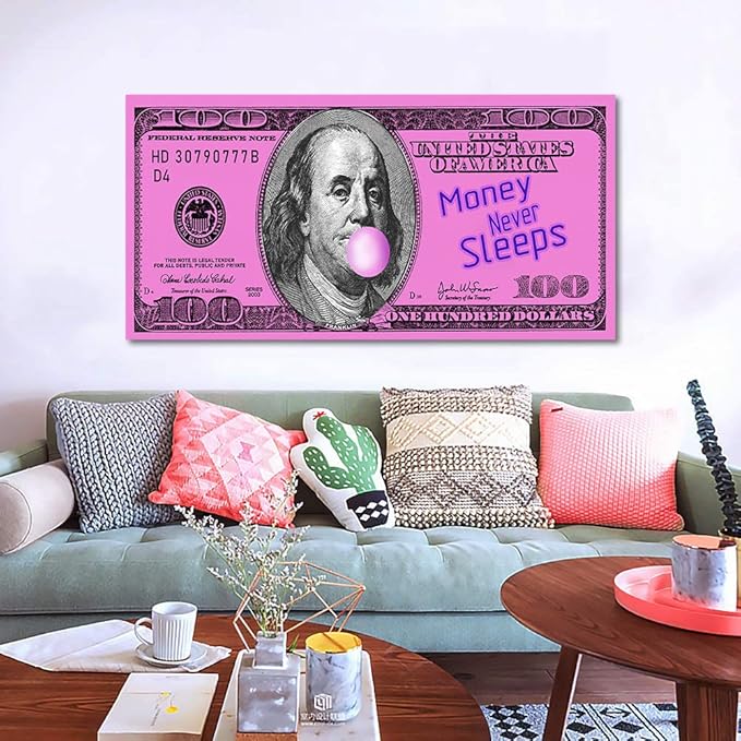 Large Size 1 Big Panel Motivational Money Art Print Dollars Canvas Office Wall Decor Funny Franklin 100 Dollar Money Wall Money Never Sleeps Artwork Pink Money Pop Art Framed Easy to Hang-48 inch x 24 inch