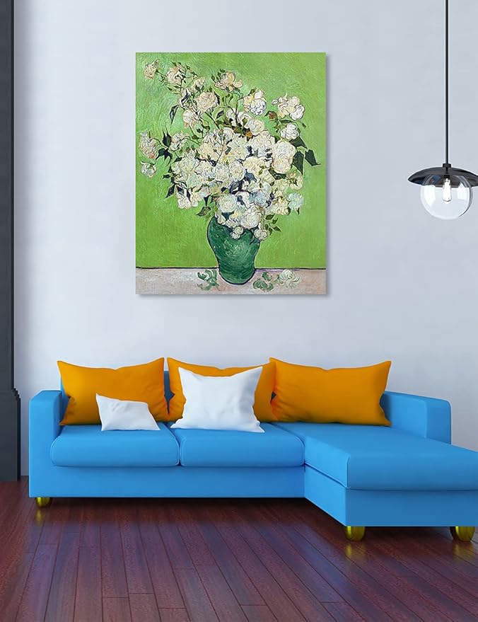 DECORARTS - Pink Roses in a Vase, Vincent Van Gogh Art Reproduction. Giclee Print on Canvas. Wall Art for Home. 40x32