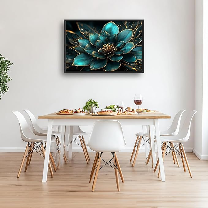 Framed Large Wall Art for Living Room, Teal Flower Canvas Wall Decor, Large Picture Framed Painting, Modern Artwork for Bedroom Office Home Decor 36L'' × 24W''