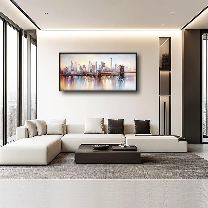 Olivine Large Wall Art, Brooklyn Bridge Pictures Wall Decor, New York Cityscape Canvas Prints Painting, Framed Artwork for Bathroom Bedroom Living Room Office Home Decoration 60"x30"