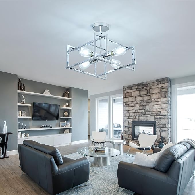 ZGLAOJT 4-Lights Ceiling Light Chrome Light Fixture Industrial Flush Mount Ceiling Light Farmhouse Chandelier Lighting for Kitchen Island Dining Room Bedroom Foyer Hallway.