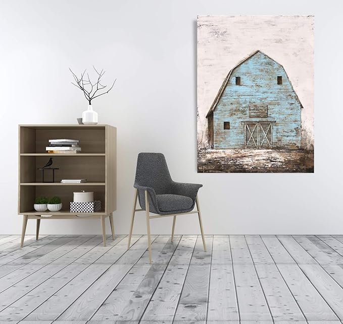 Yihui Arts Modern Abstract Farmhouse Wall Art Hand Painted Teal and Blue Barn Painting Pictures for Living Room Decoration