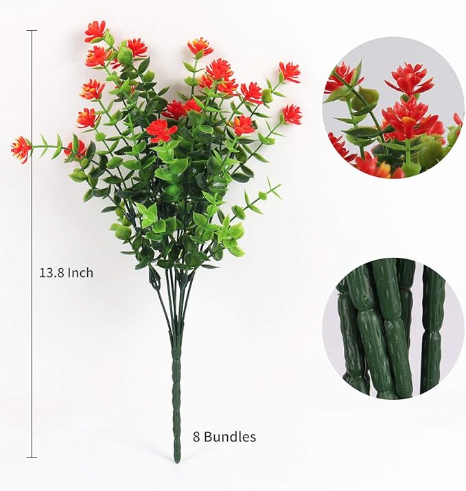 RECUTMS Artificial Flowers Outdoor Fake Flowers，8 Bundles Outside Face Mums Fake Summer Greenery UV Resistant No Fade Faux Plastic Lotus Shrubs Home Garden Porch Patio Decoration Office (Orange Red)