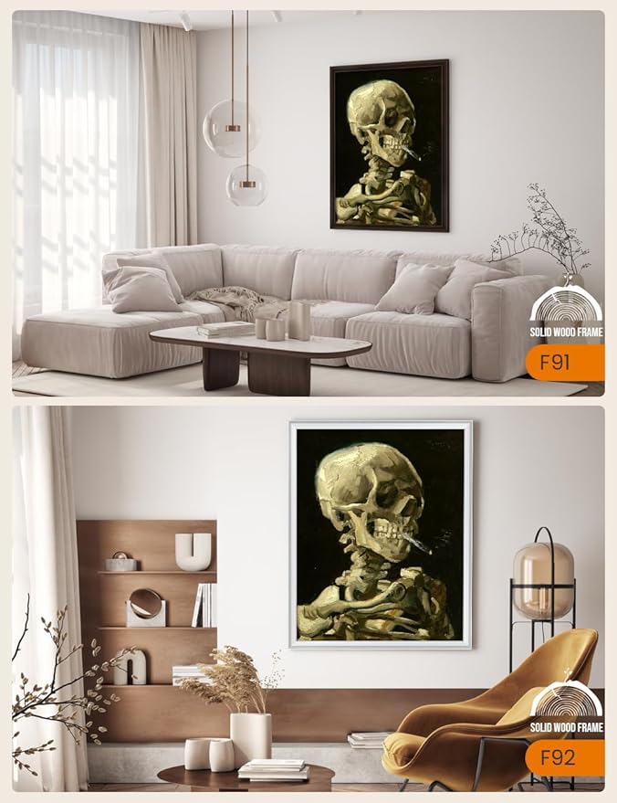 DECORARTS - Head of a Skeleton with a Burning Cigarette by Vincent Van Gogh, Large Giclee Canvas Print with Solid Wood Frame, Oversized Wall Art Decor