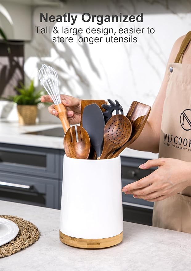Nucookery 360° Rotating Utensil Holder, 8.2" Extra Large Ceramic Kitchen Utensil Holder for Countertop, Top Gathering Cooking Kitchen Decor for Counter (White)