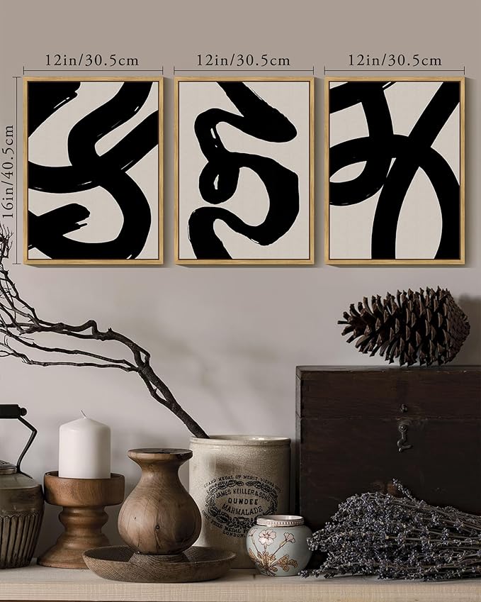 KUVIOKE Black Abstract Framed Wall Art Ink Wash Minimalist Lines Painting Artwork for Bedroom Living Room Hallway Decor Ready to Hang 12x16in (Natural Framed)