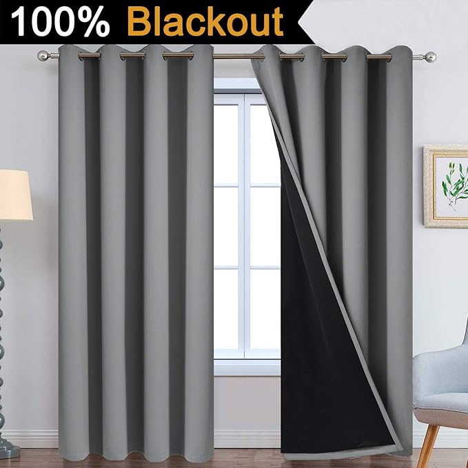 Yakamok 100% Blackout Curtains 96 Inches Long, Total Blackout Lined Curtain Panels for Bedroom, 2 Thick Layers Grommet Top Thermal Insulated Blackout Drapes for Living Room(52Wx96L, Grey, 2 Panels)