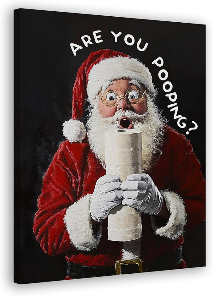 FITIE Black Christmas Santa Bathroom Canvas Wall Art Poster, Funny Are You Pooping Holiday Winter Christmas Framed Artwork Prints Wall Decor for Bathroom Washroom Restroom Toilet, 11x14 Inch