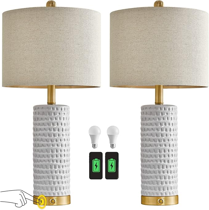 PORTRES 24" Farmhouse 3-Way Dimmable Touch Ceramic Table Lamp Set of 2 for Bedroom White Bedside Lamps with USB A+C Charging Ports for Living Room Nightstand Lamp End Table Lamps