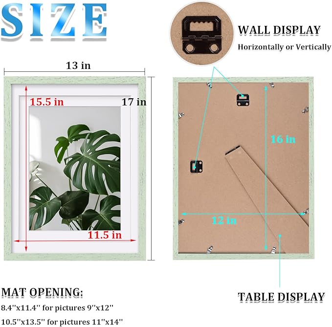 Egofine 12x16 Picture Frames Set of 4, Made of Solid Wood Covered by Plexiglass 9x12 and 11x14 with Mat or 12x16 without Mat, for Wall Mounting Photo Frame Rustic Green