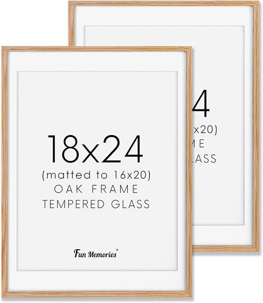 18x24 Picture Frames, Oak Wood 18 x 24 Poster Frames Set of 2, 18x24 Frame Matted to 16x20, Rustic Wooden 18 x 24 Frame with Tempered Glass, Minimalist 18"x24" Art Frames, Oak Color