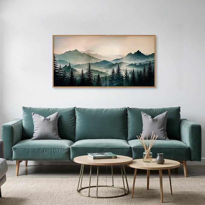 HPNIUB Large Green Mountain Framed Canvas Wall Art,Foggy Forest Wall Decor,Modern Watercolor Boho Pine Tree Wall Painting,Nature Mountains Landscape Art Print for Living Room,Bedroom,Office-20 x40