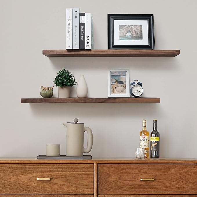 Axeman Floating Shelves Walnut | 36 Inch Wide x 6 Inch Deep Solid Walnut Wood Shelves Set of 2 - Natural Wooden Shelves for Room Wall Decor