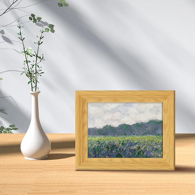 Brivoria Framed Canvas Wall Art Vintage Decor, Impressionist Field Scene with Yellow Irises Purple Wildflowers and Cloudy Sky for Kitchen Entryway Shelf Display or Tabletop Decoration, 8"x10"